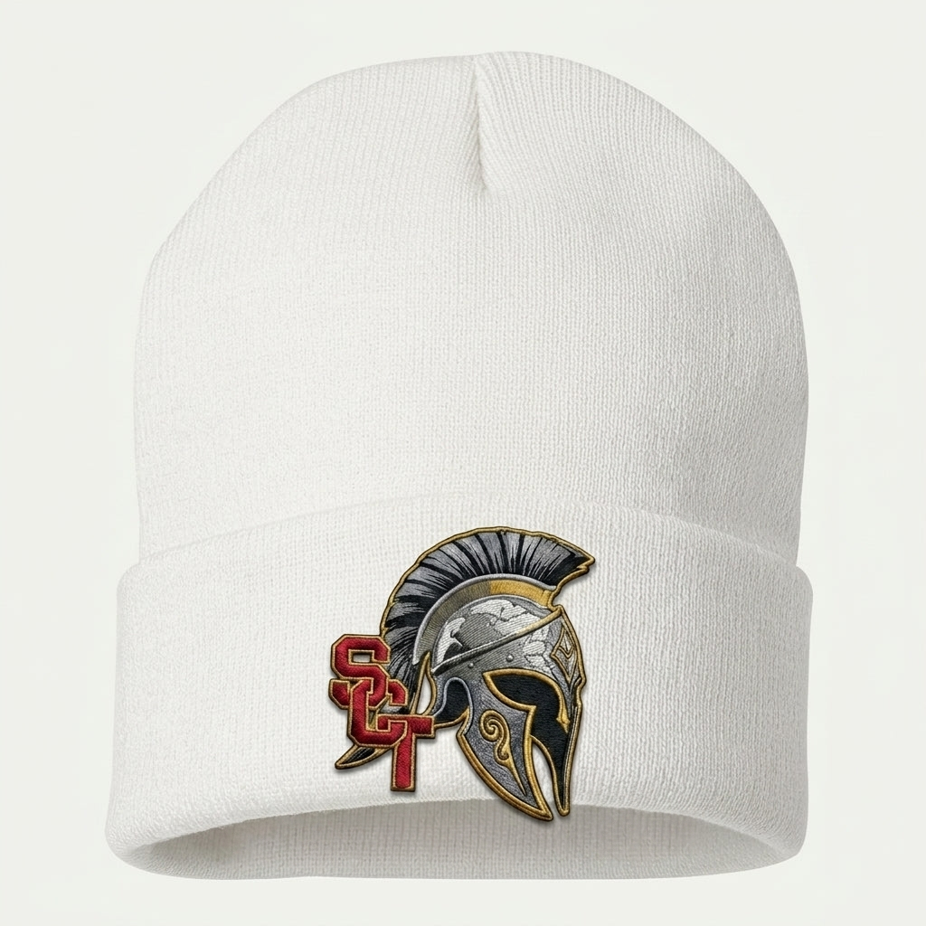 Siskiyou Trojans SCT crest on White long-beanie (front view)