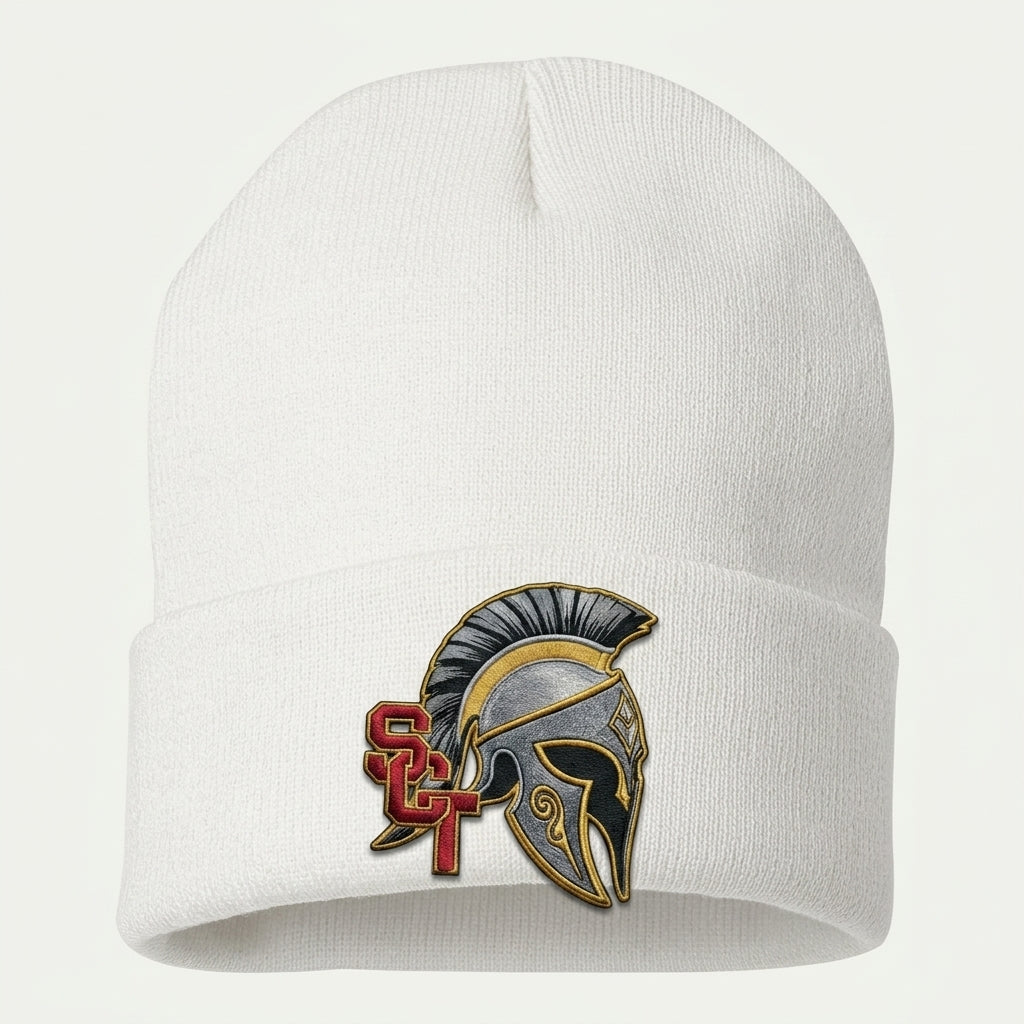 Siskiyou Trojans SCT crest on White long-beanie (front view)