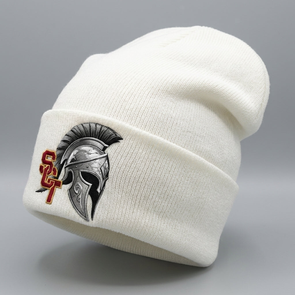 Siskiyou Trojans SCT crest on White long-beanie (side view)