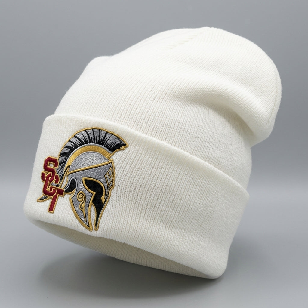 Siskiyou Trojans SCT crest on White long-beanie (side view)