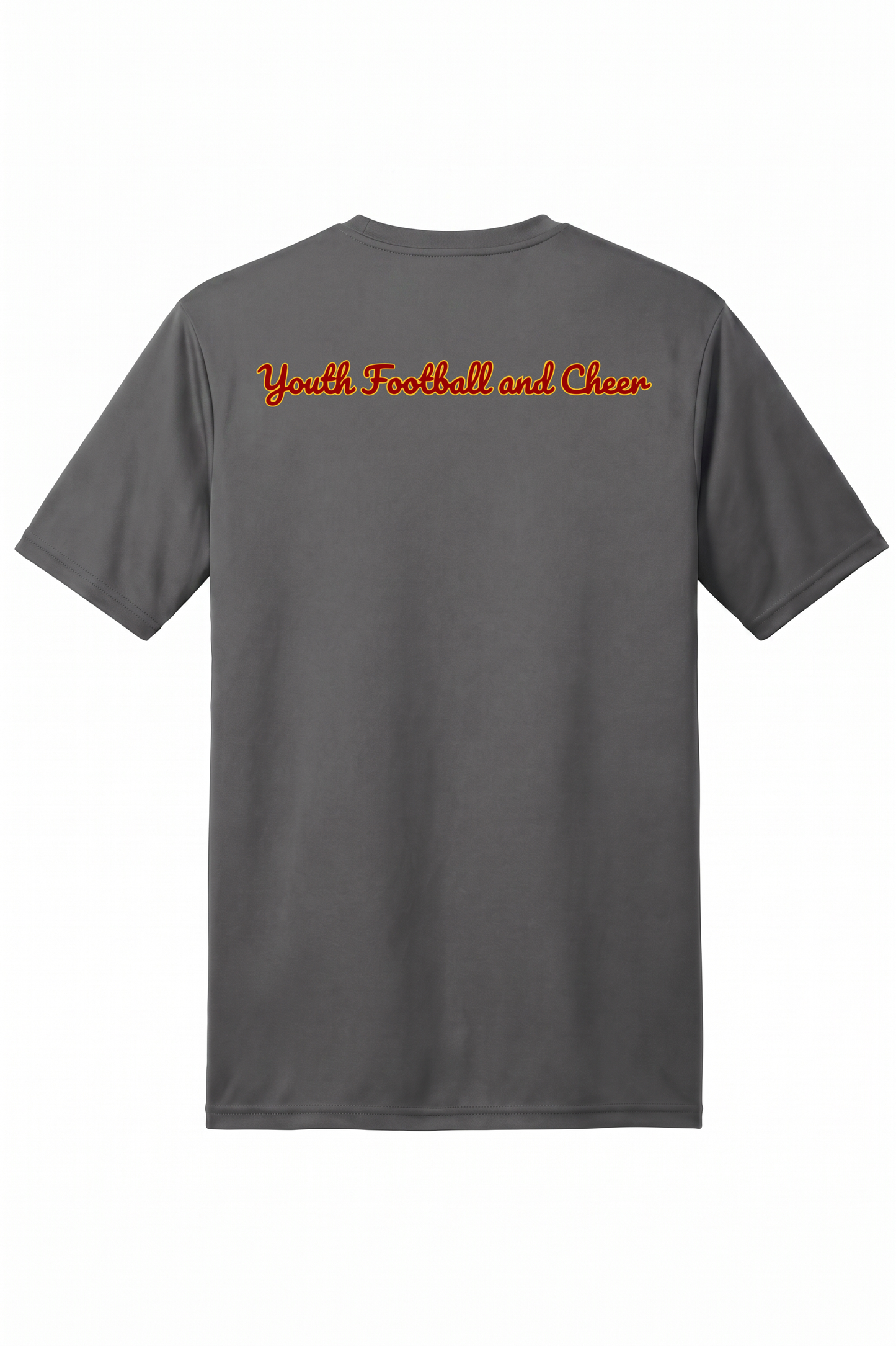 Siskiyou Trojans men's A4 short sleeve performance crew in graphite, back view, with Youth Football and Cheer across the upper back in the team script