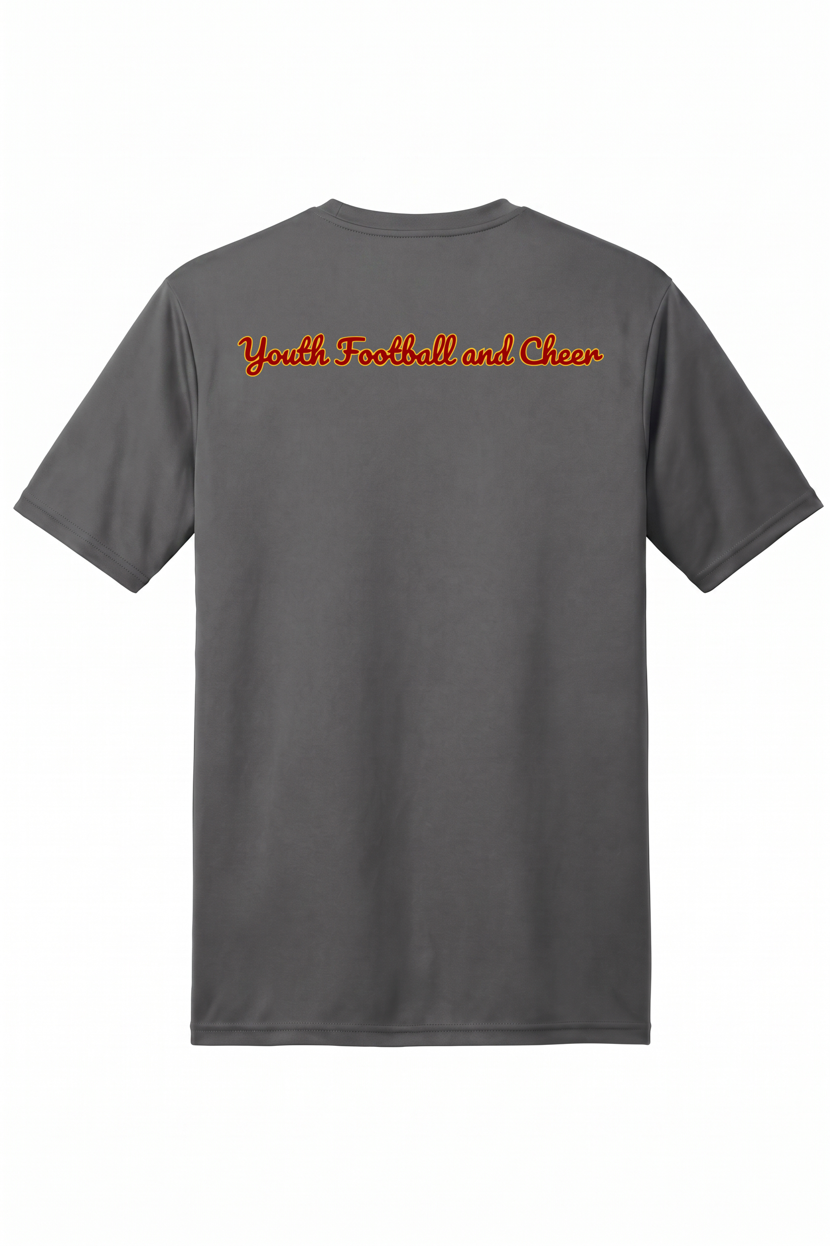 Siskiyou Trojans men's A4 short sleeve performance crew in graphite, back view, with Youth Football and Cheer across the upper back in the team script