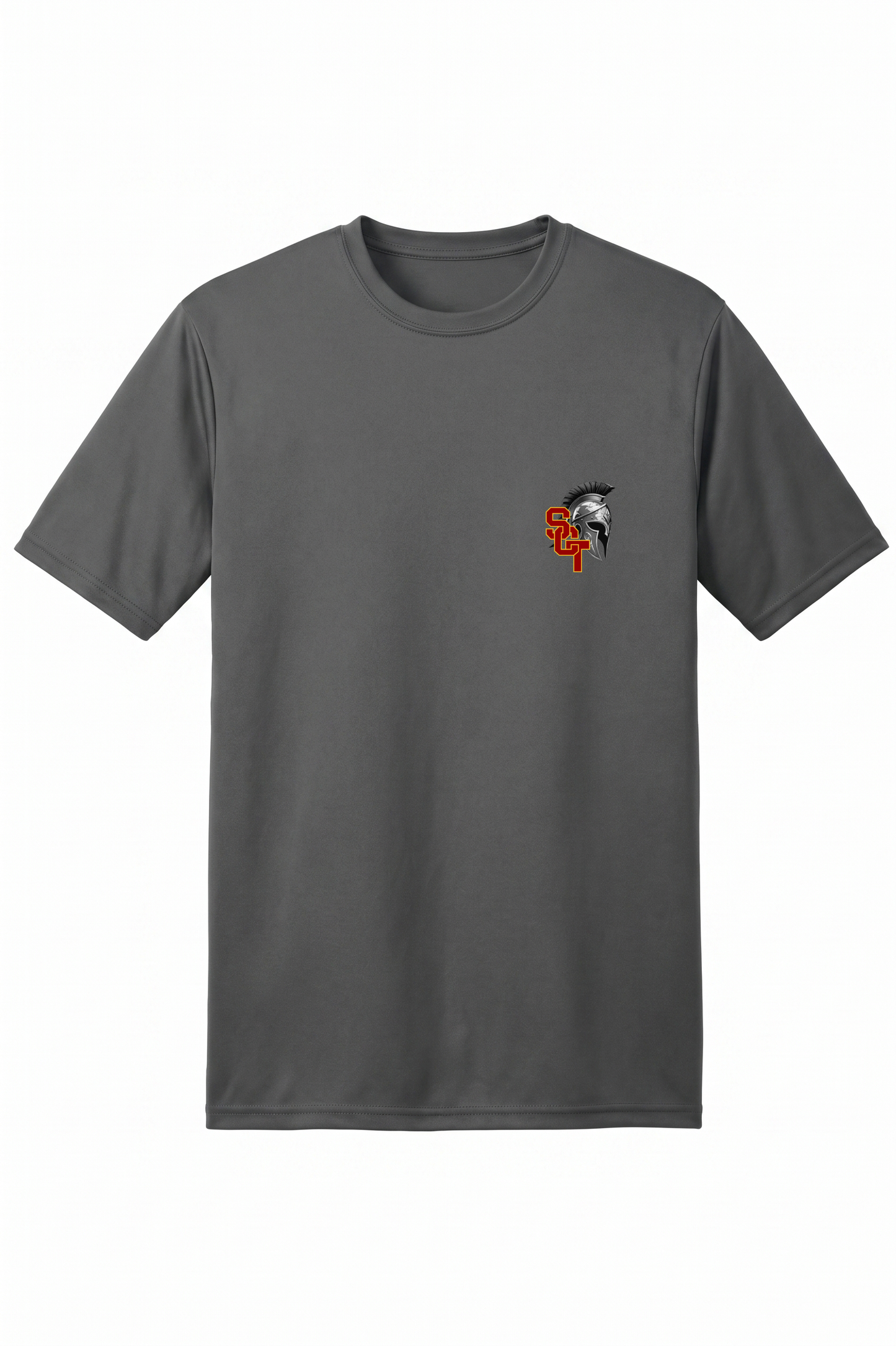 Siskiyou Trojans men's A4 short sleeve performance crew in graphite, front view, with the SCT Spartan helmet crest printed on the left chest