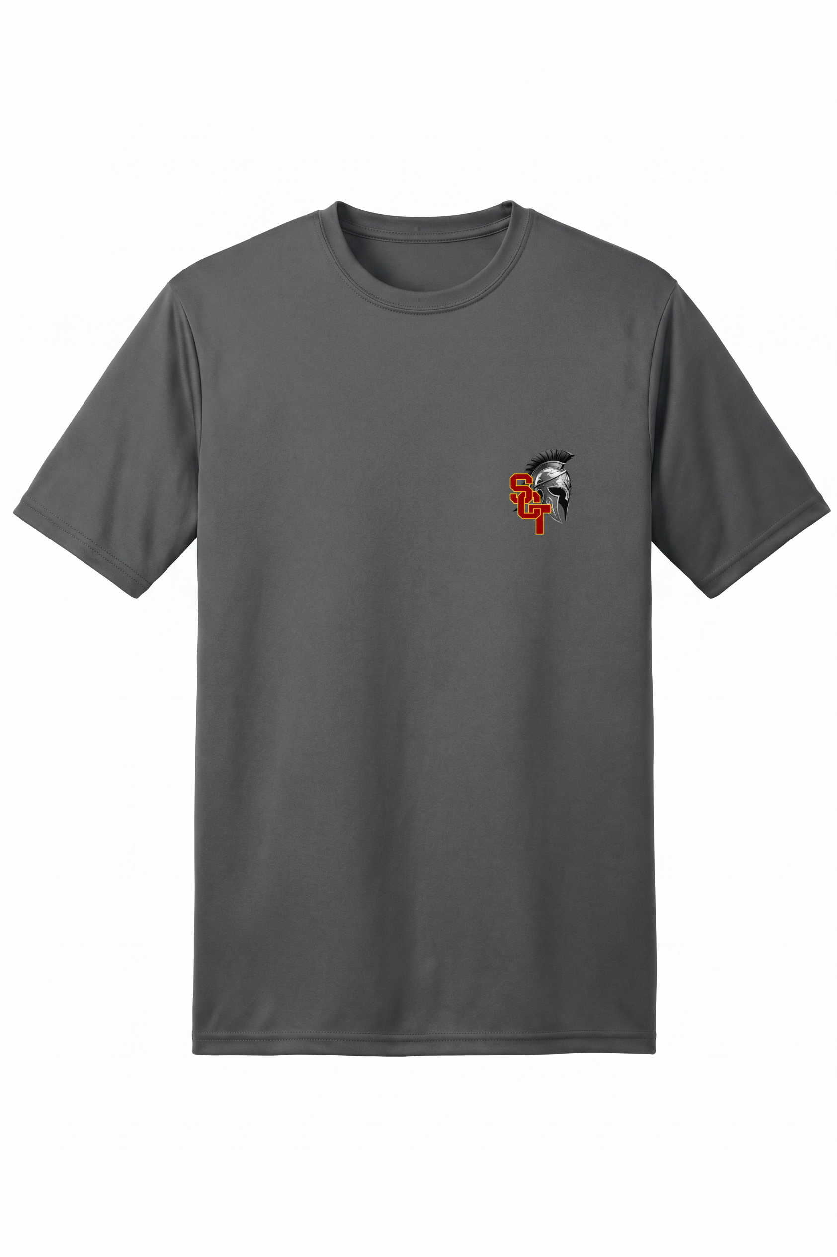 Siskiyou Trojans men's A4 short sleeve performance crew in graphite, front view, with the SCT Spartan helmet crest printed on the left chest
