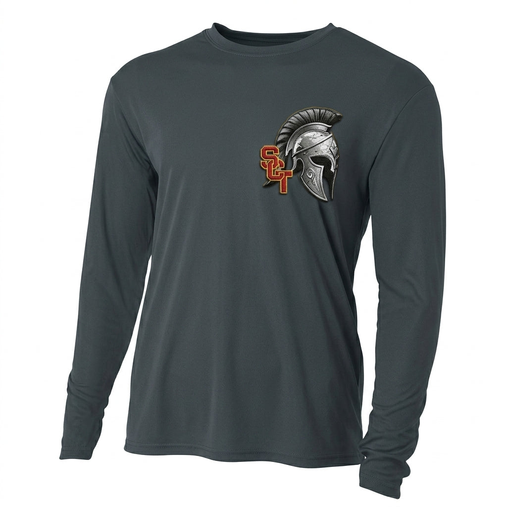 Siskiyou Trojans SCT crest on Graphite mens-ls-tee (front view)