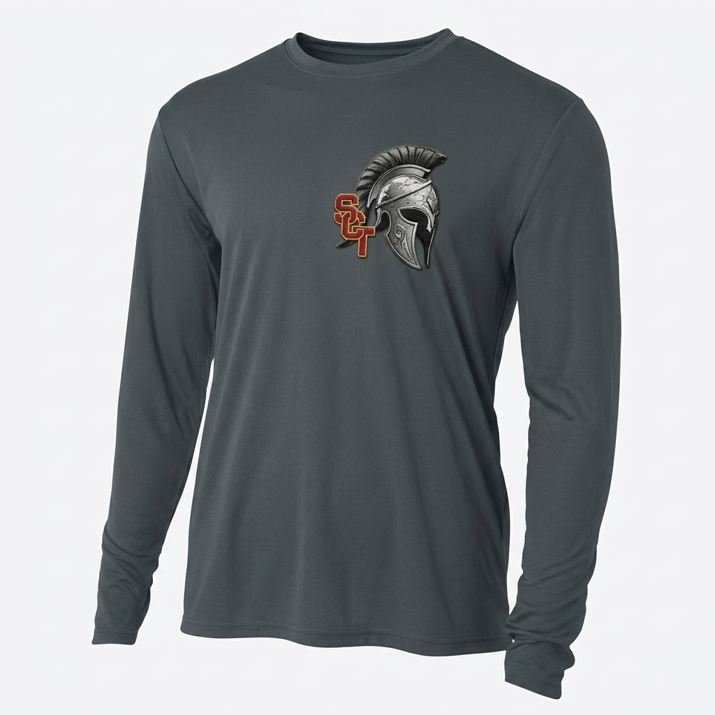Siskiyou Trojans SCT crest on Graphite mens-ls-tee (side view)