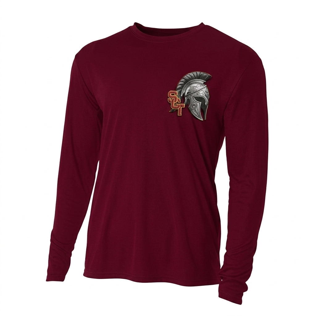 Siskiyou Trojans SCT crest on Maroon mens-ls-tee (front view)
