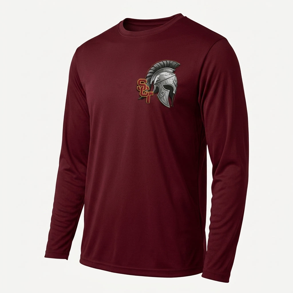 Siskiyou Trojans SCT crest on Maroon mens-ls-tee (side view)