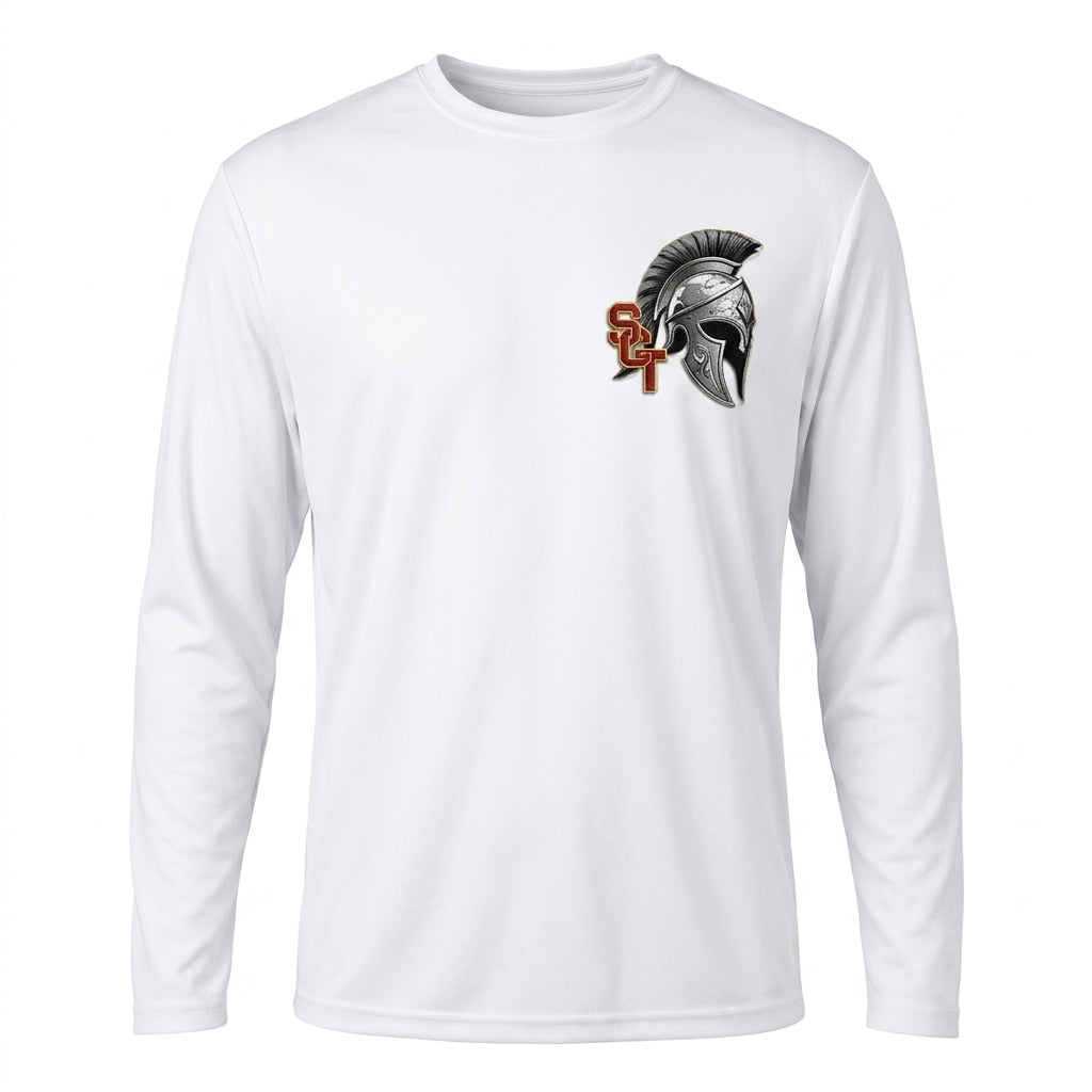 Siskiyou Trojans SCT crest on White mens-ls-tee (front view)