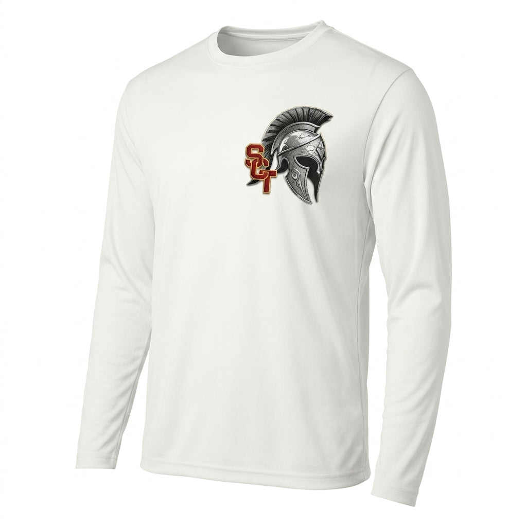 Siskiyou Trojans SCT crest on White mens-ls-tee (side view)