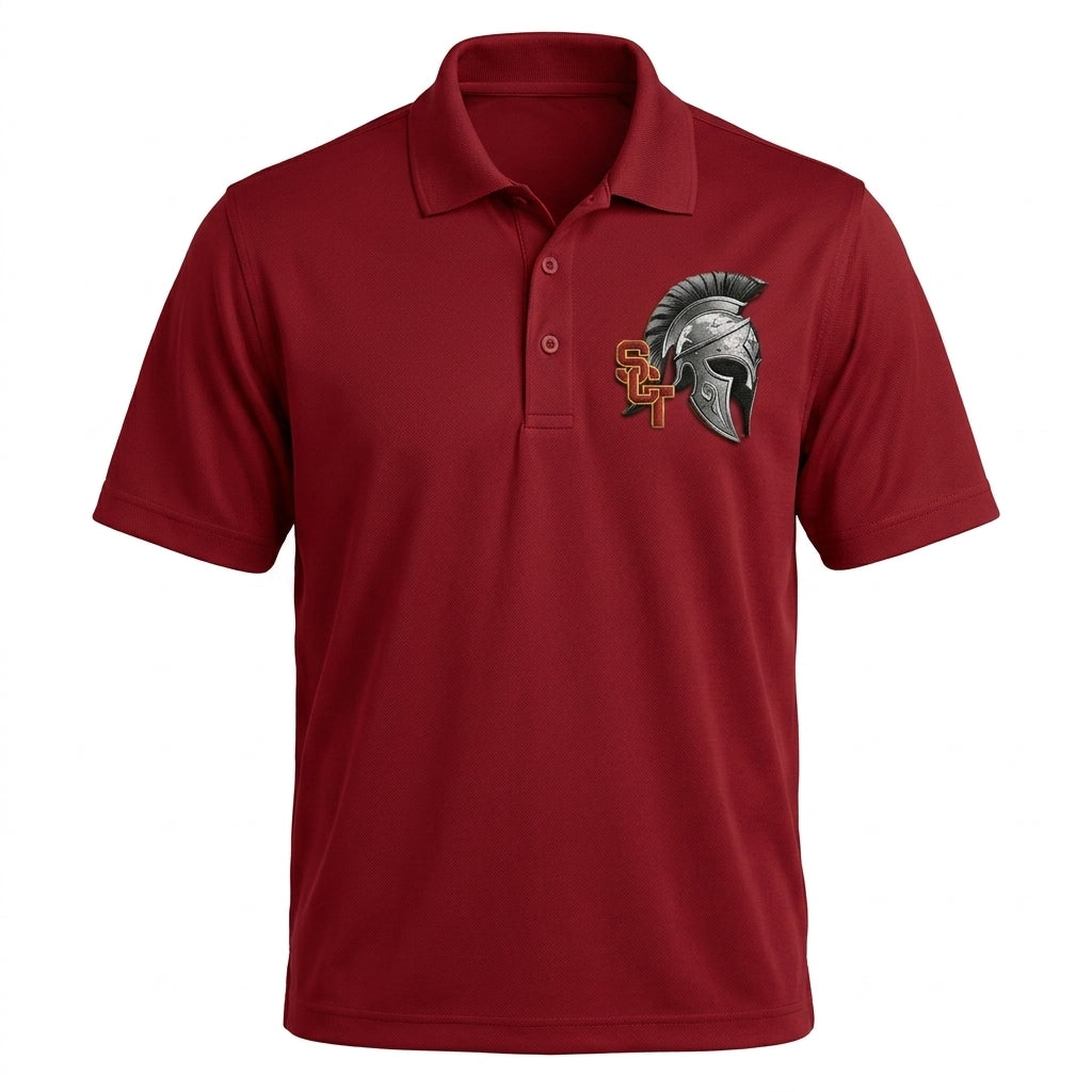 Siskiyou Trojans SCT crest on Crimson mens-polo (front view)
