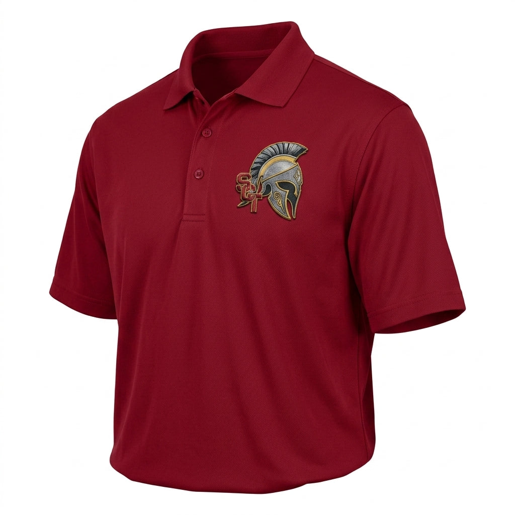 Siskiyou Trojans SCT crest on Crimson mens-polo (side view)