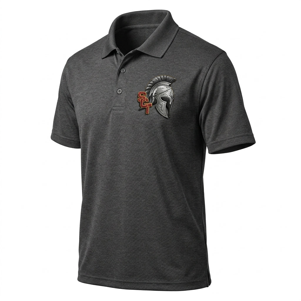 Siskiyou Trojans SCT crest on Dark Gray mens-polo (side view)