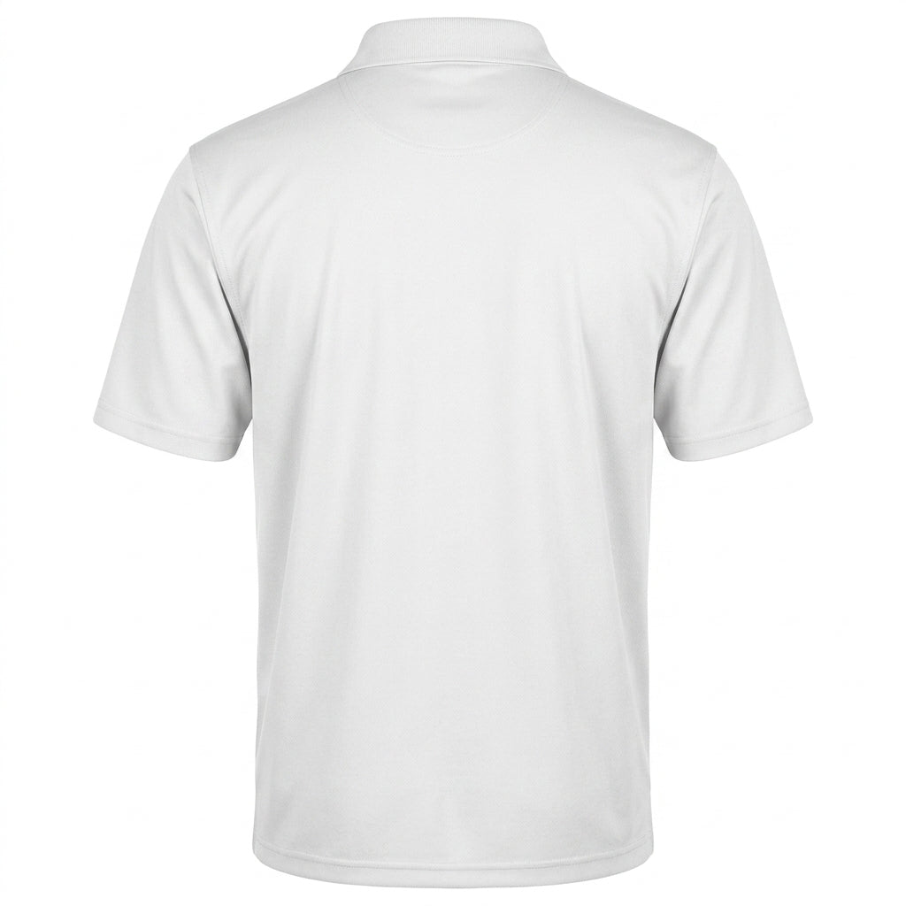Siskiyou Trojans SCT crest on White mens performance polo (back view)