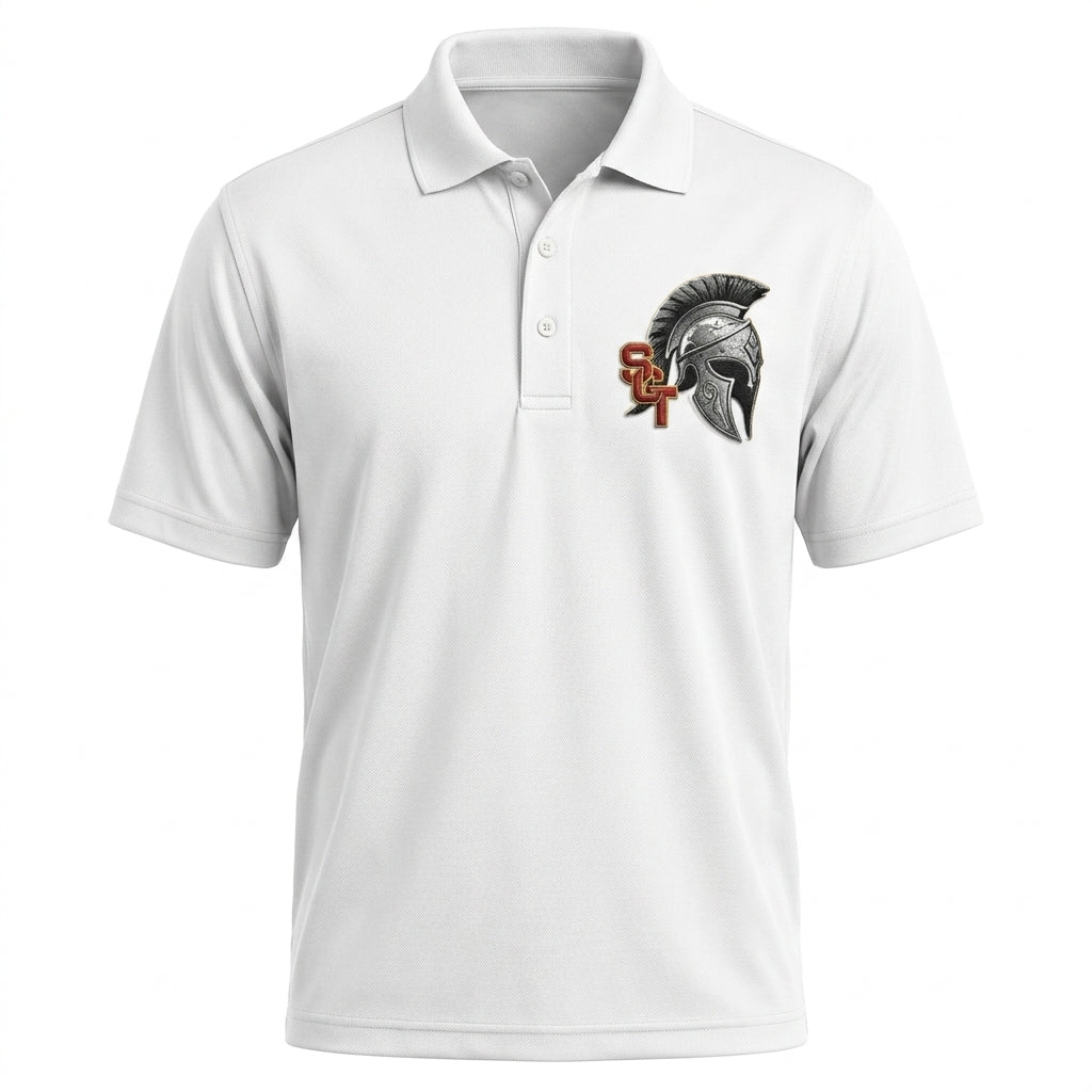 Siskiyou Trojans SCT crest on White mens-polo (front view)