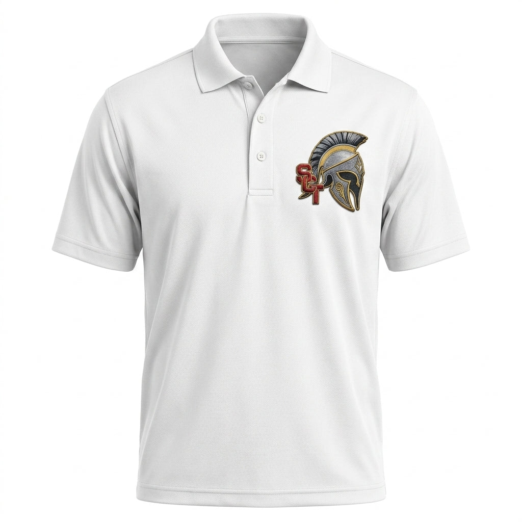Siskiyou Trojans SCT crest on White mens-polo (front view)