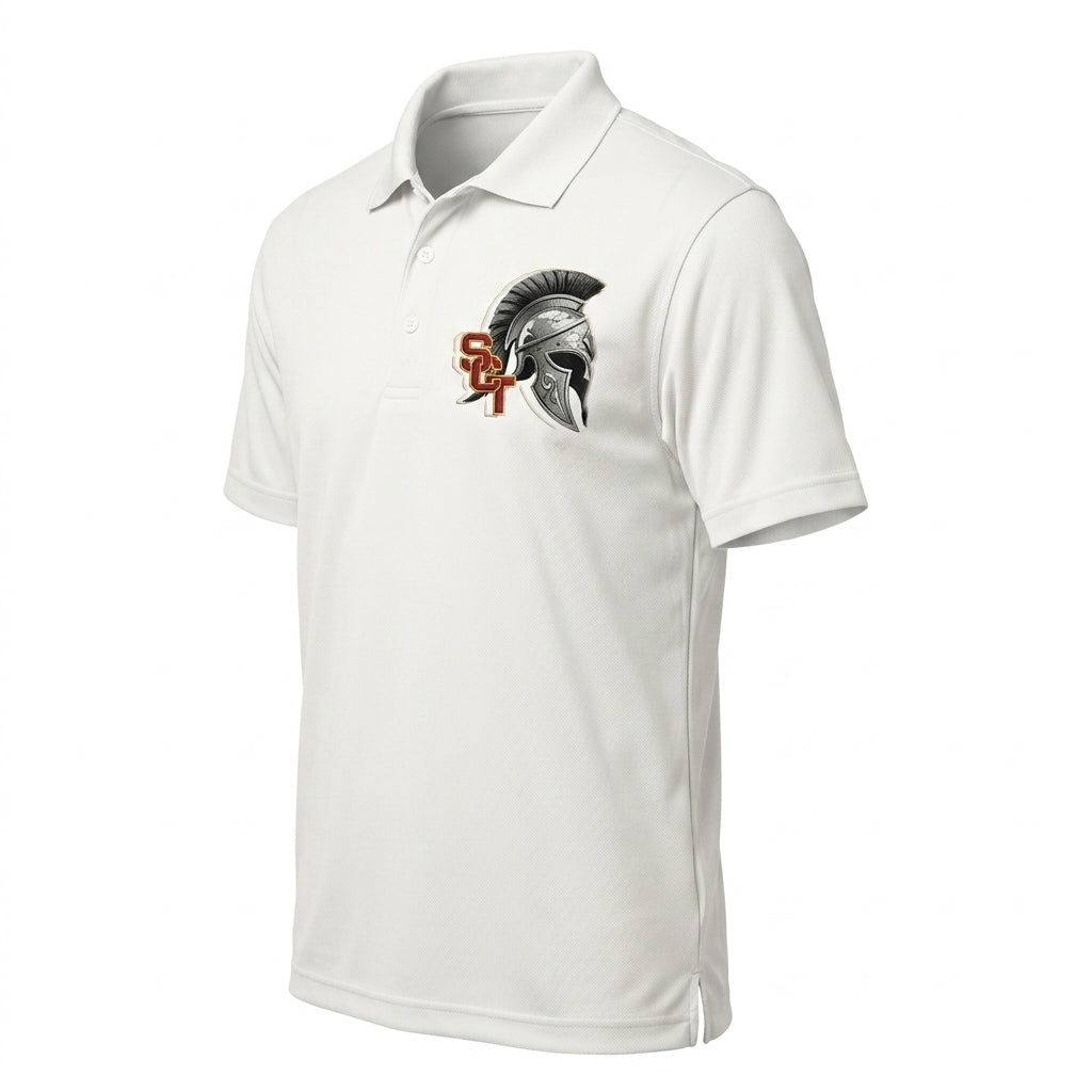 Siskiyou Trojans SCT crest on White mens performance polo (side view)