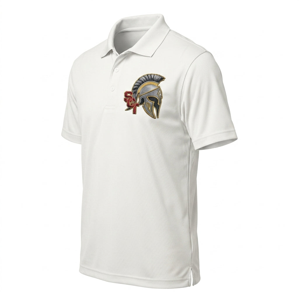 Siskiyou Trojans SCT crest on White mens performance polo (side view)