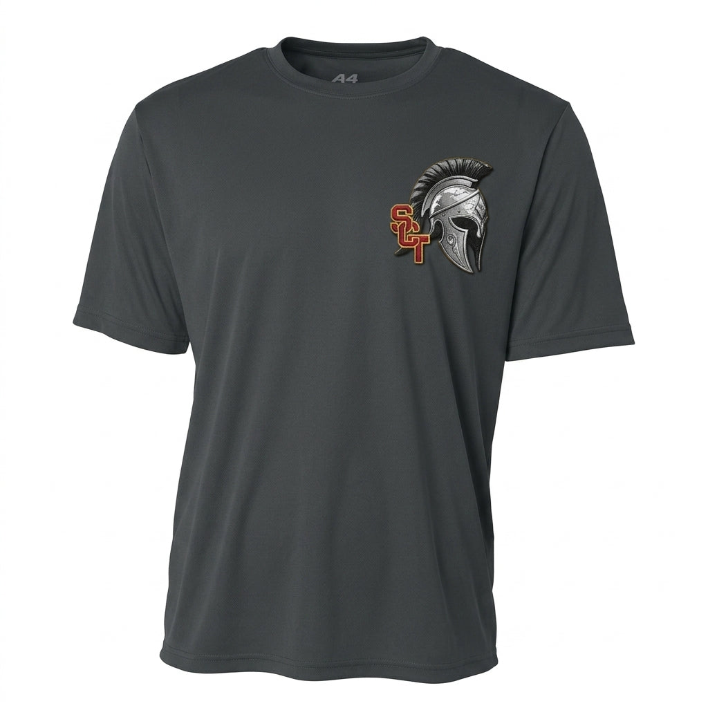 Siskiyou Trojans SCT crest on Graphite mens-ss-tee (front view)