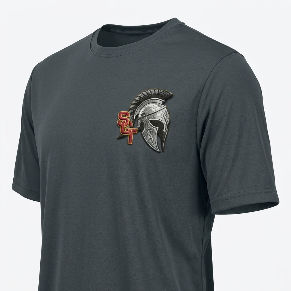 Siskiyou Trojans SCT crest on Graphite mens-ss-tee (side view)