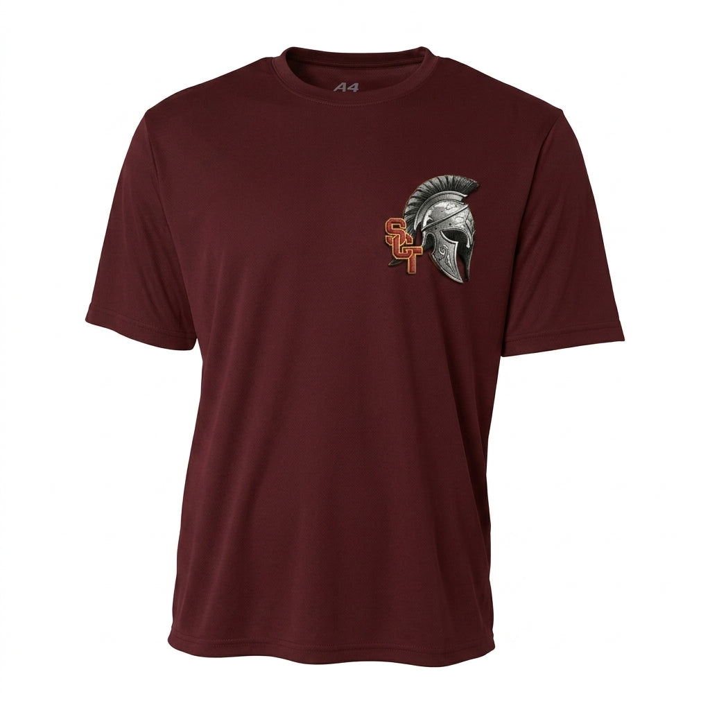 Siskiyou Trojans SCT crest on Maroon mens-ss-tee (front view)