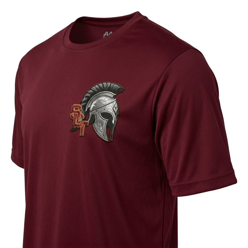 Siskiyou Trojans SCT crest on Maroon mens-ss-tee (side view)