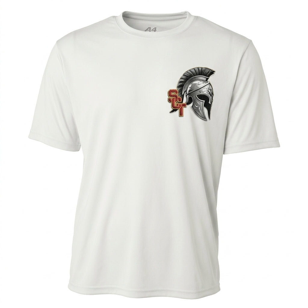 Siskiyou Trojans SCT crest on White mens-ss-tee (front view)