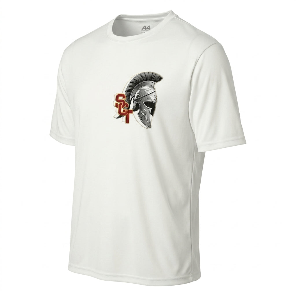 Siskiyou Trojans SCT crest on White mens-ss-tee (side view)