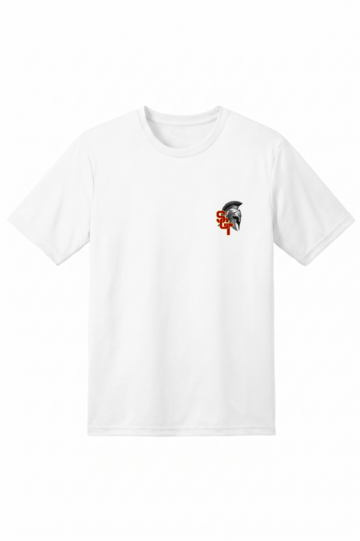 Siskiyou Trojans men's A4 short sleeve performance crew in white, front view, with the SCT Spartan helmet crest printed on the left chest