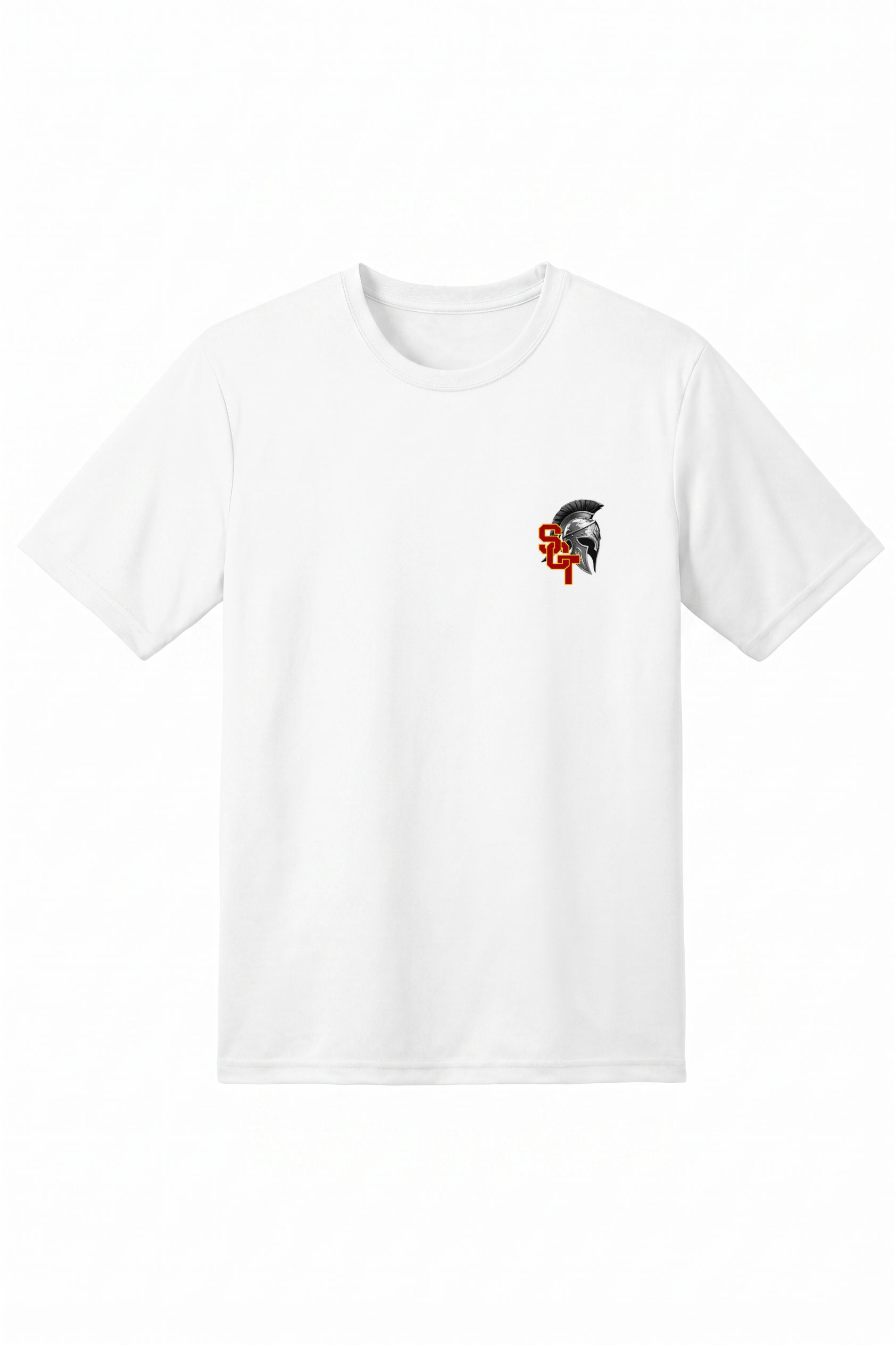 Siskiyou Trojans men's A4 short sleeve performance crew in white, front view, with the SCT Spartan helmet crest printed on the left chest