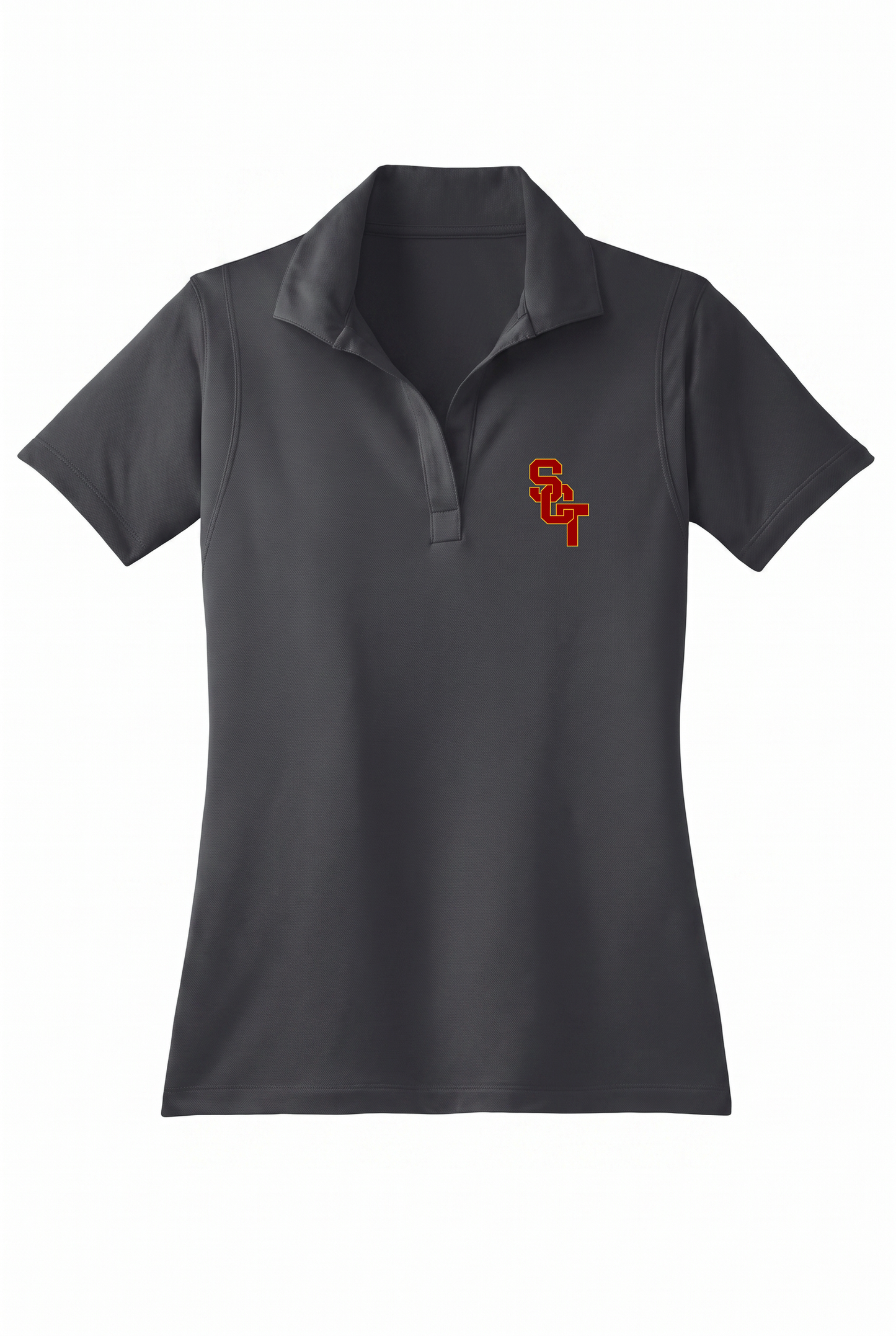 Siskiyou Trojans ladies Sport-Tek polo in iron grey, front, SCT monogram embroidered on the left chest