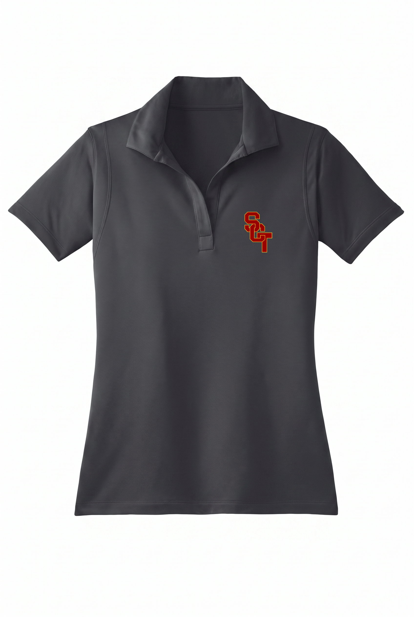 Siskiyou Trojans ladies Sport-Tek polo in iron grey, front, SCT monogram embroidered on the left chest