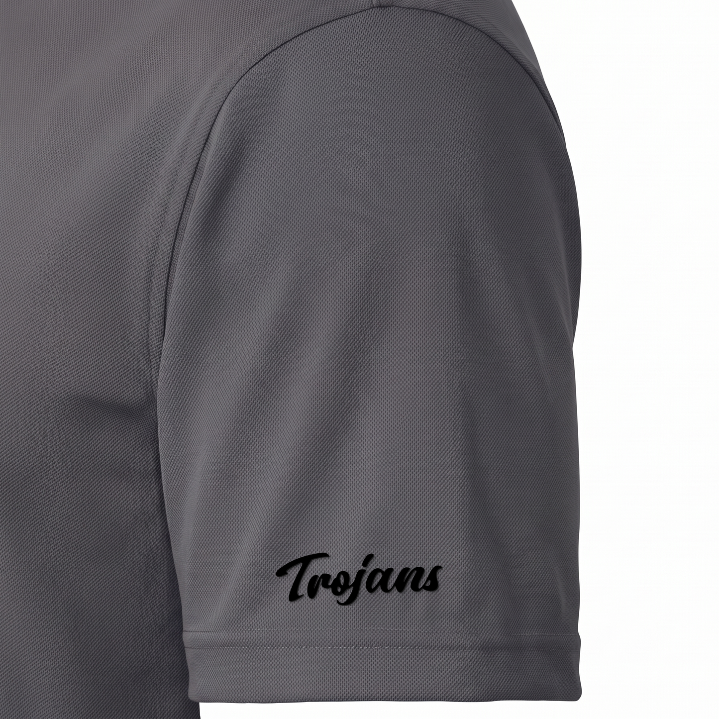 Siskiyou Trojans ladies Sport-Tek polo in iron grey, close-up of the right sleeve showing the Trojans script in black embroidered just above the sleeve hem