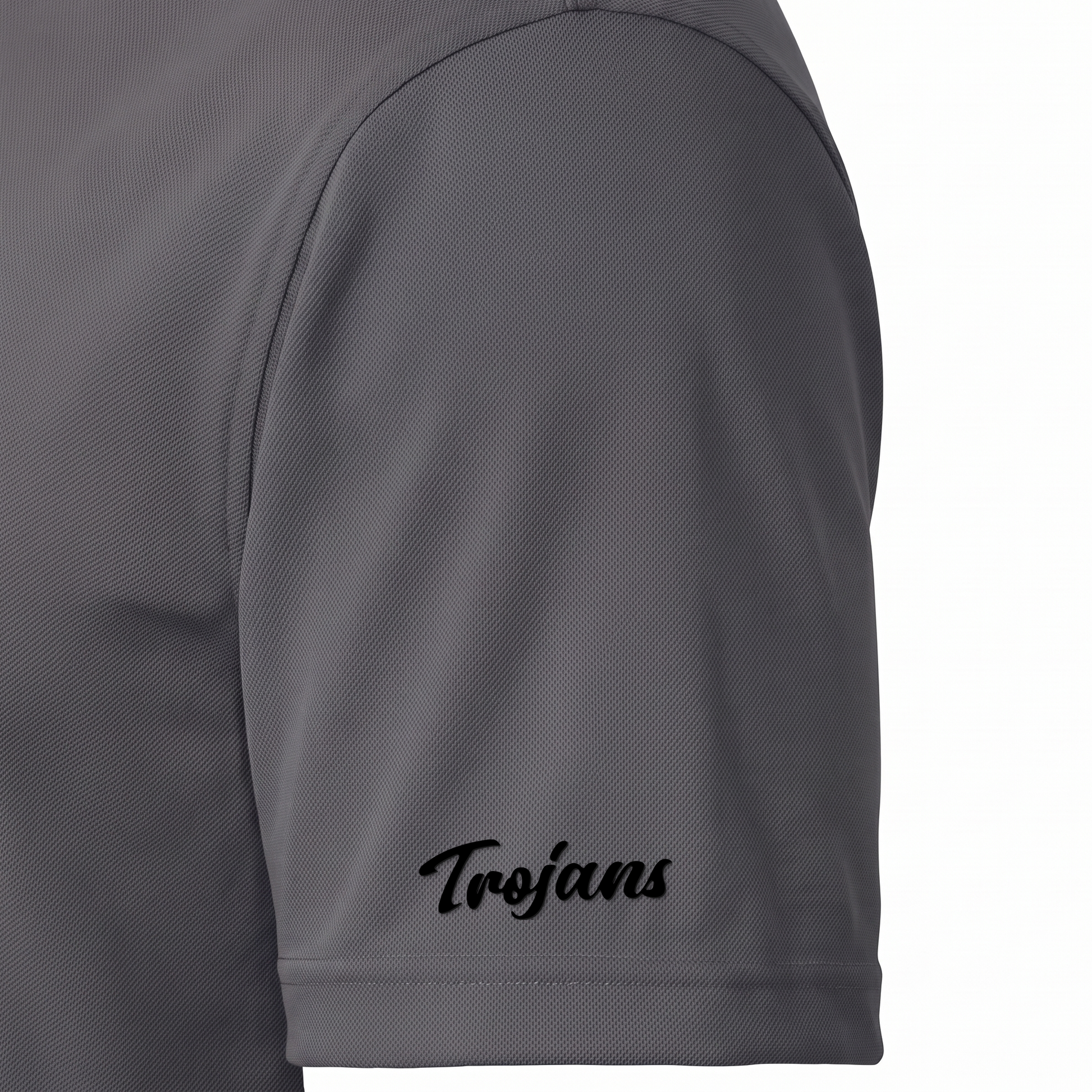 Siskiyou Trojans ladies Sport-Tek polo in iron grey, close-up of the right sleeve showing the Trojans script in black embroidered just above the sleeve hem