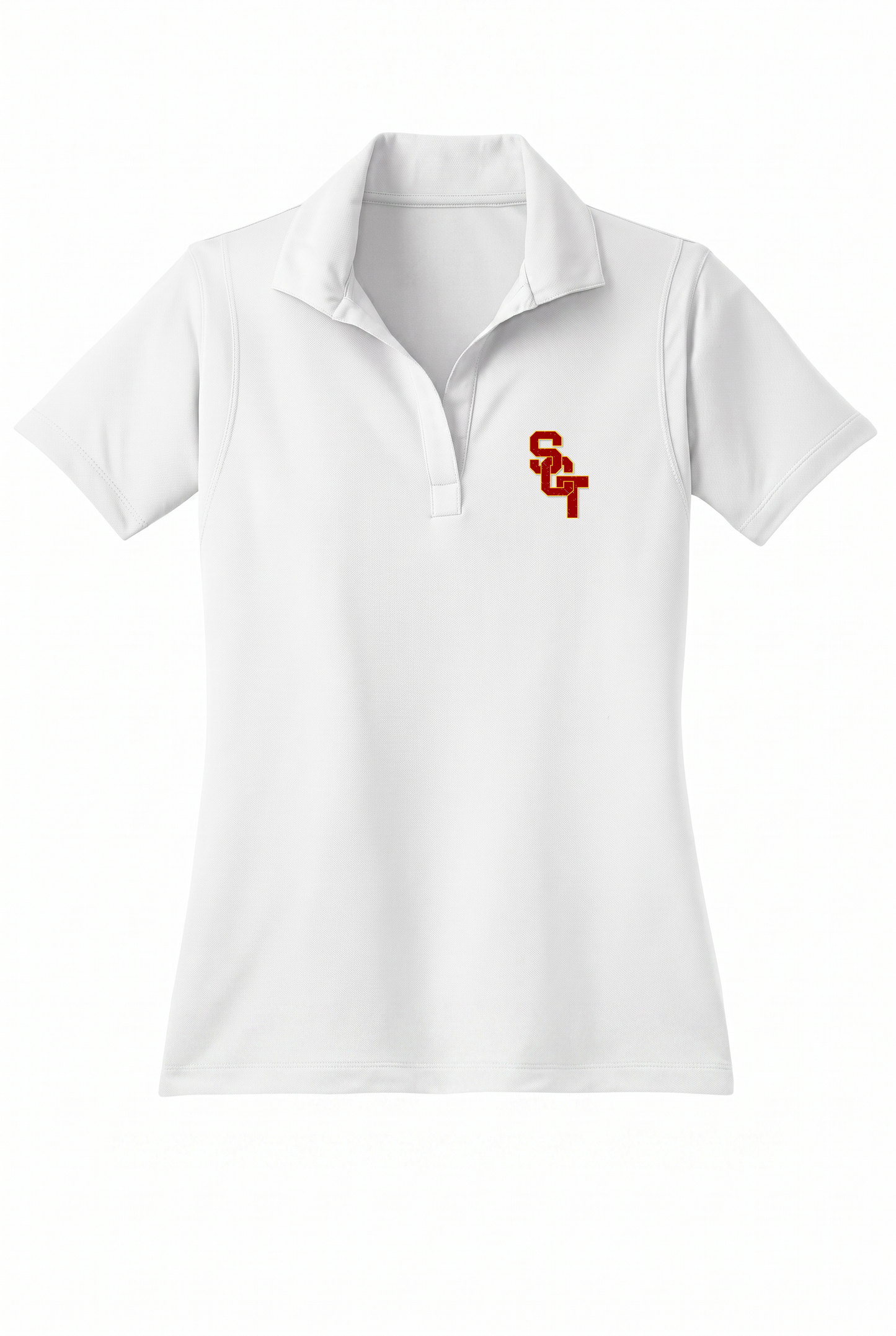 Siskiyou Trojans ladies Sport-Tek polo in white, front, SCT monogram embroidered on the left chest