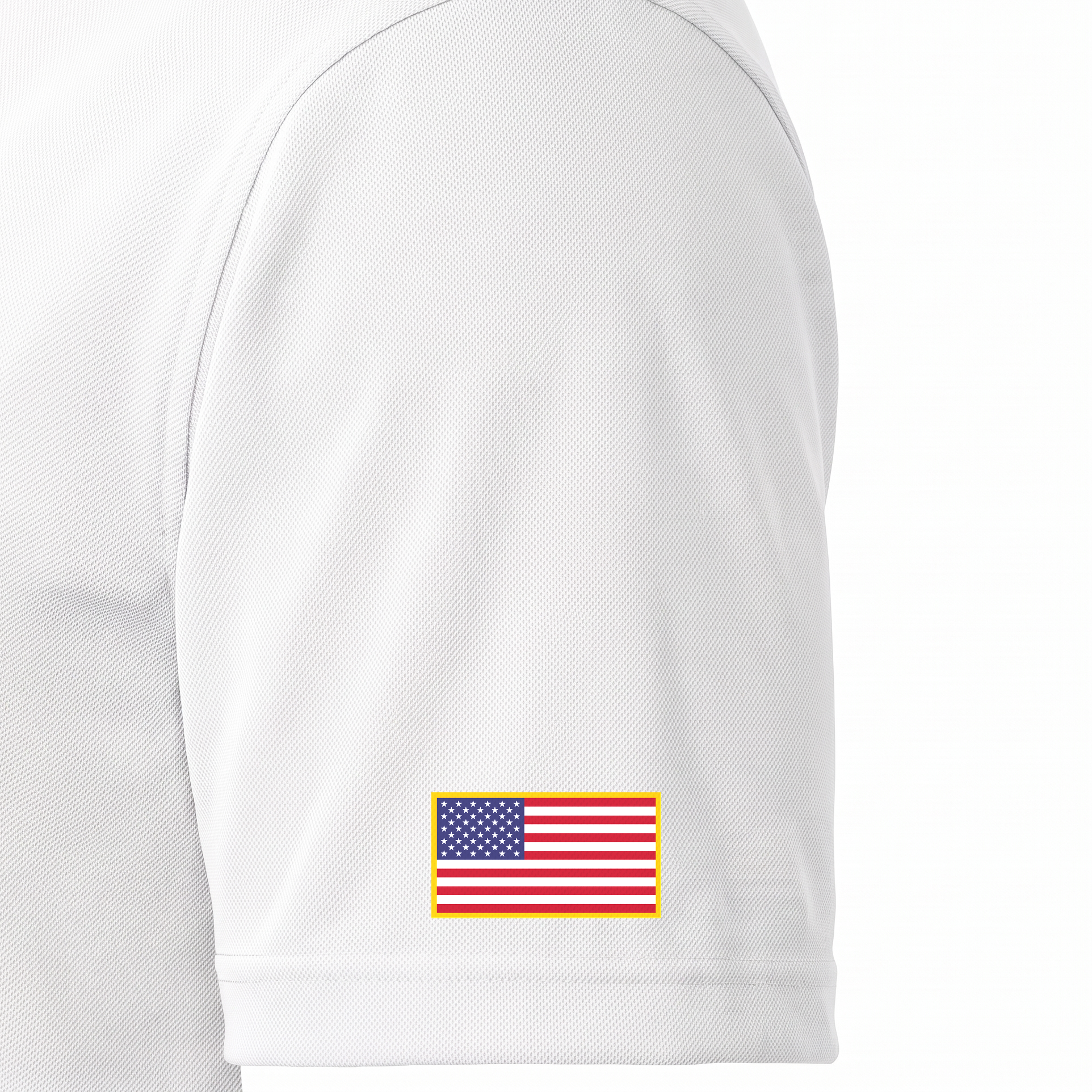 Siskiyou Trojans ladies Sport-Tek polo in white, close-up of the left sleeve showing the United States flag patch just above the sleeve hem