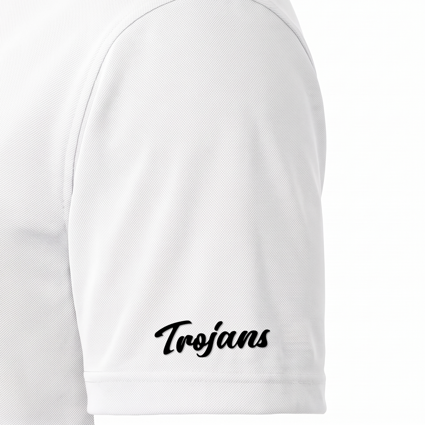 Siskiyou Trojans ladies Sport-Tek polo in white, close-up of the right sleeve showing the Trojans script in black embroidered just above the sleeve hem