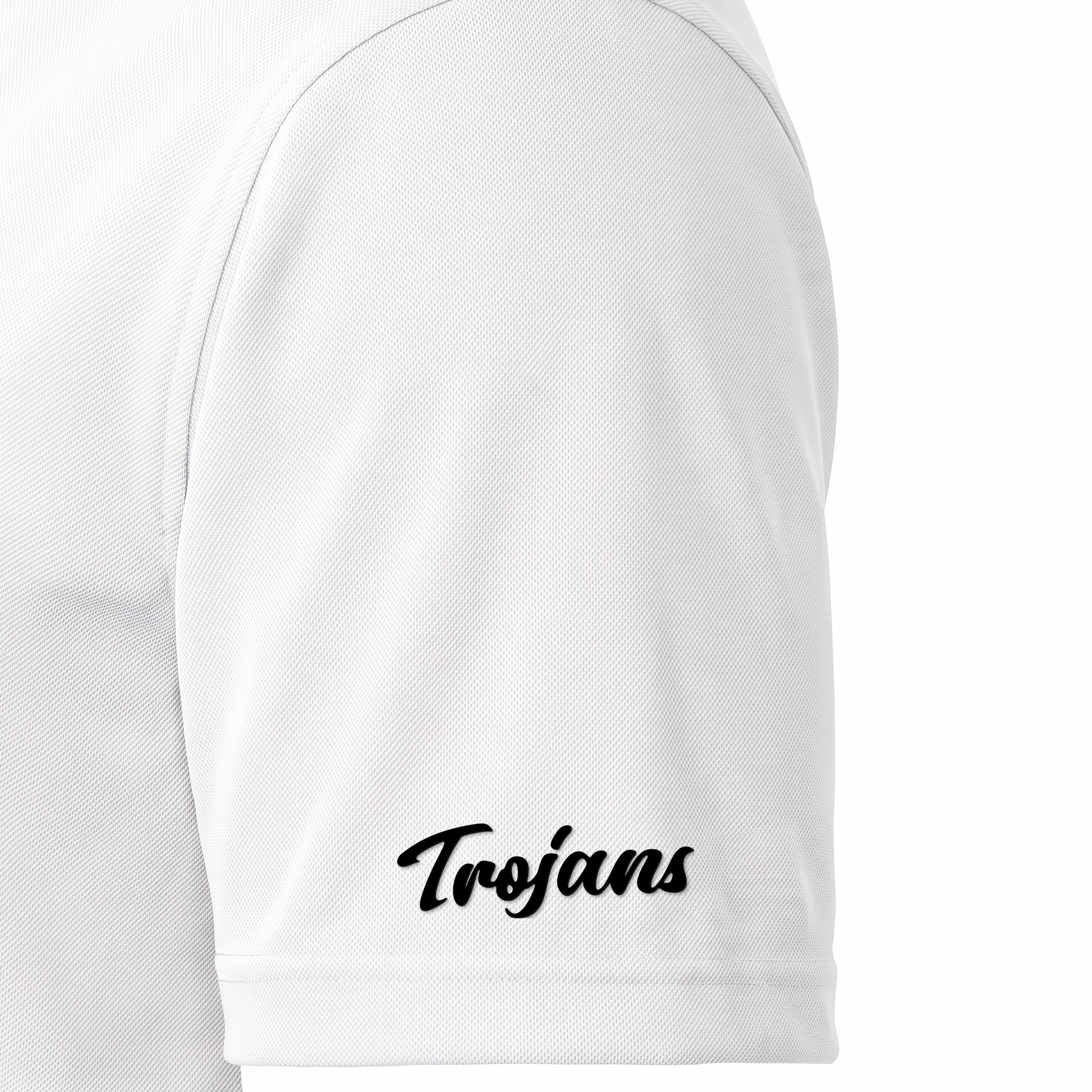 Siskiyou Trojans ladies Sport-Tek polo in white, close-up of the right sleeve showing the Trojans script in black embroidered just above the sleeve hem