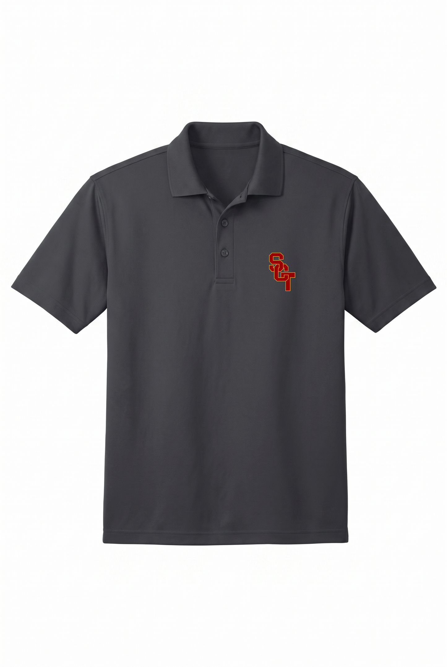 Siskiyou Trojans men's Sport-Tek polo in iron grey, front, SCT monogram embroidered on the left chest
