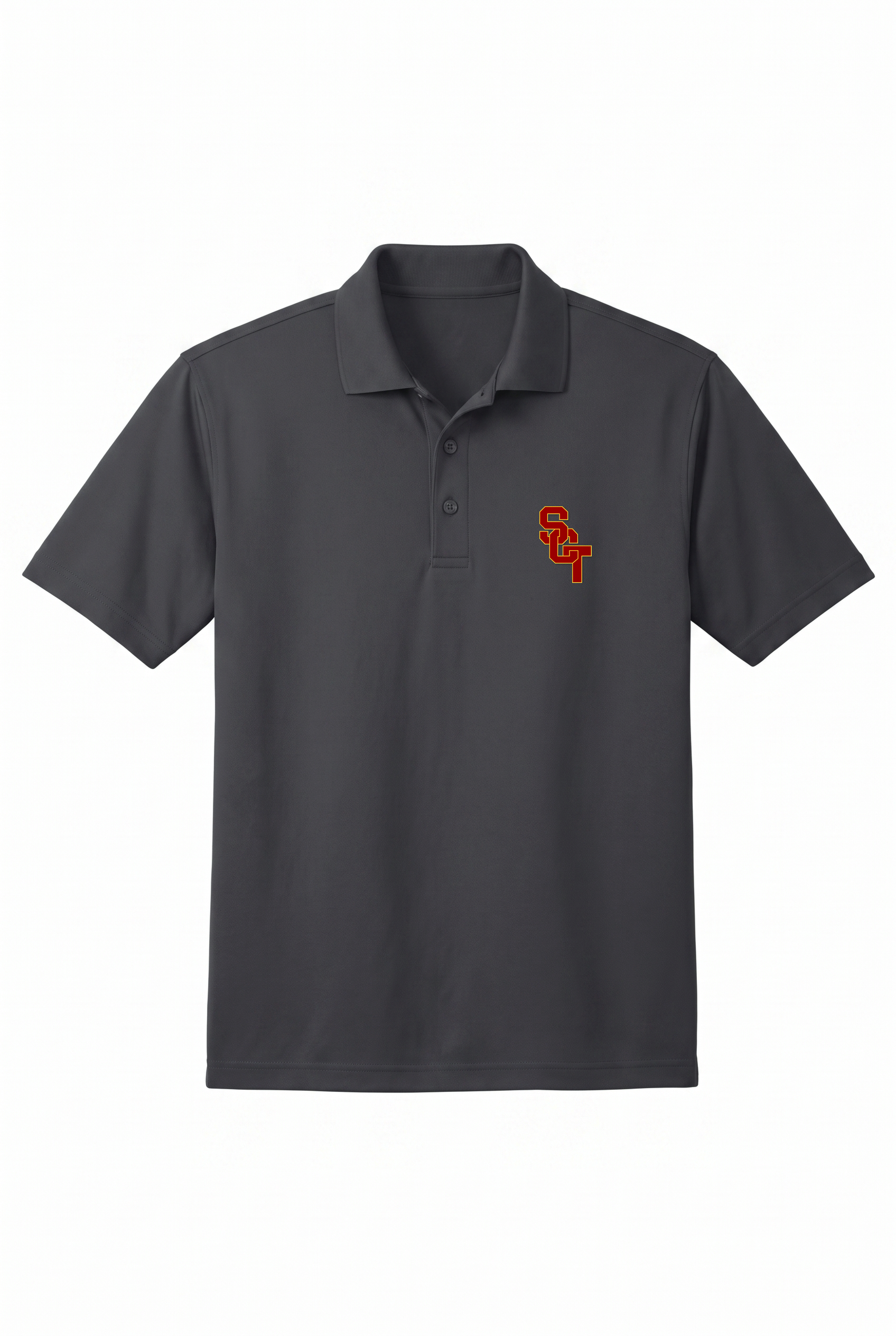 Siskiyou Trojans men's Sport-Tek polo in iron grey, front, SCT monogram embroidered on the left chest