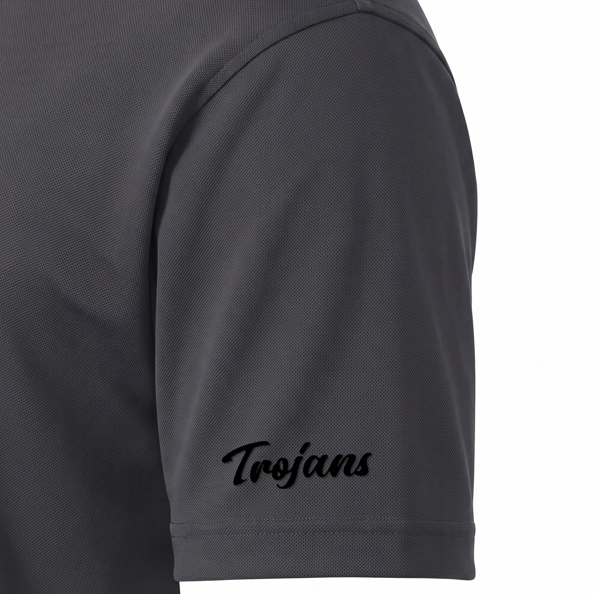 Siskiyou Trojans men's Sport-Tek polo in iron grey, close-up of the right sleeve showing the Trojans script in black embroidered just above the sleeve hem