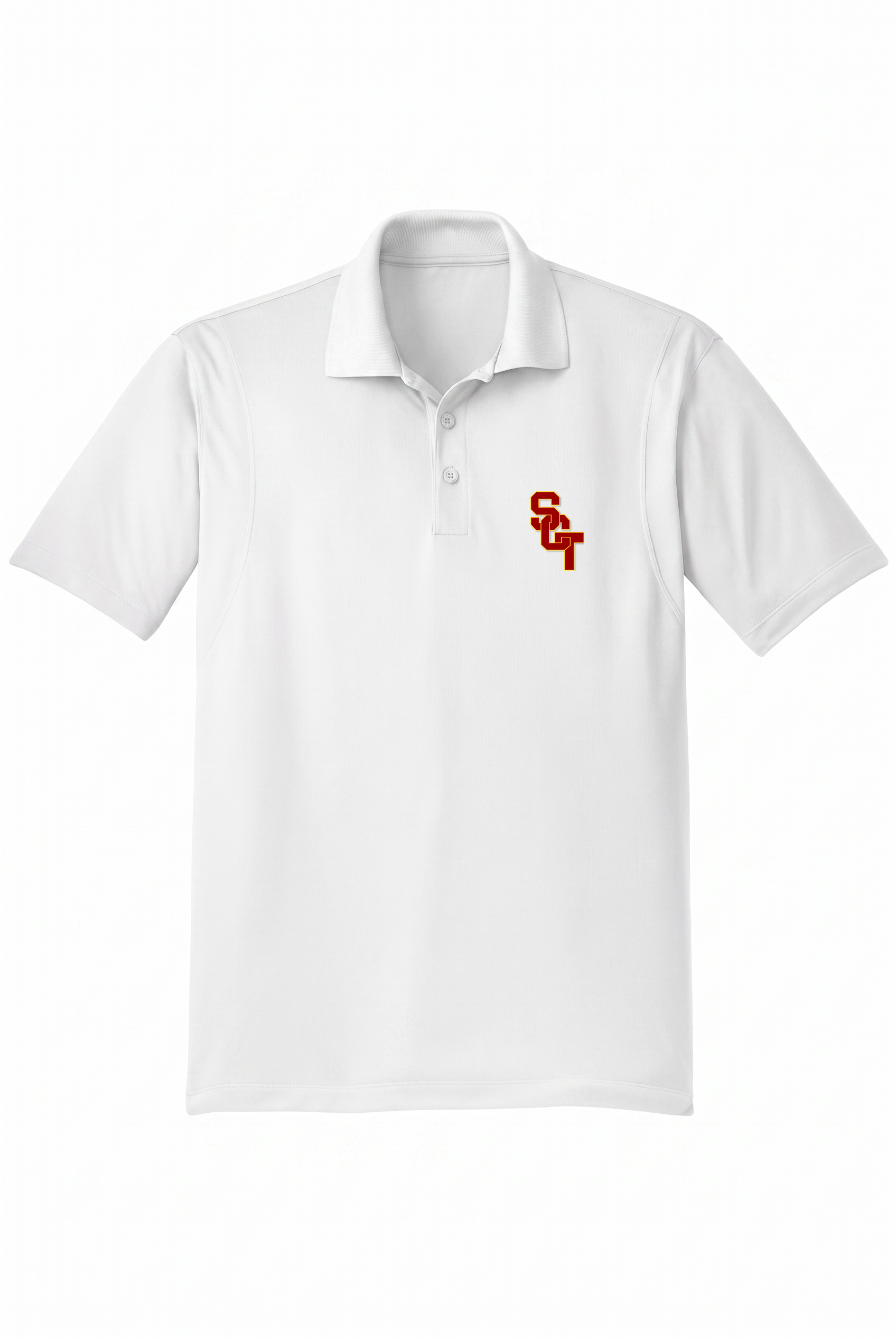 Siskiyou Trojans men's Sport-Tek polo in white, front, SCT monogram embroidered on the left chest