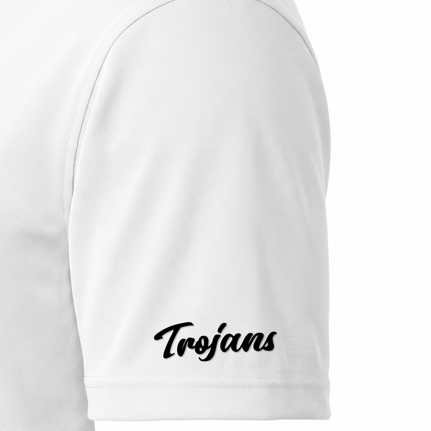 Siskiyou Trojans men's Sport-Tek polo in white, close-up of the right sleeve showing the Trojans script in black embroidered just above the sleeve hem