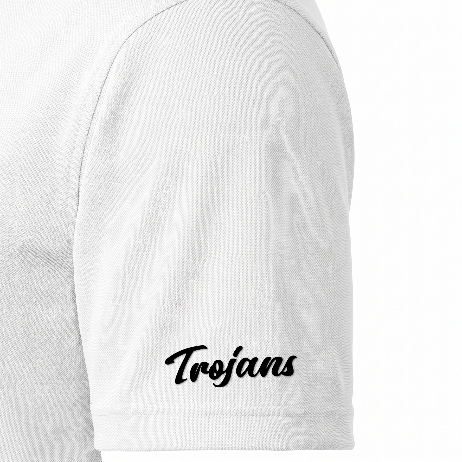 Siskiyou Trojans men's Sport-Tek polo in white, close-up of the right sleeve showing the Trojans script in black embroidered just above the sleeve hem