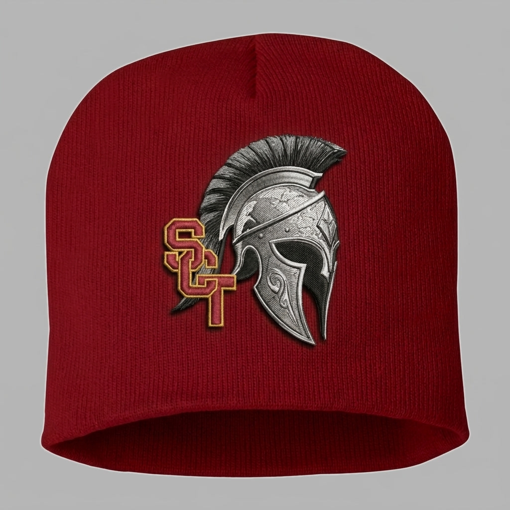 Siskiyou Trojans SCT crest on Crimson short-beanie (front view)