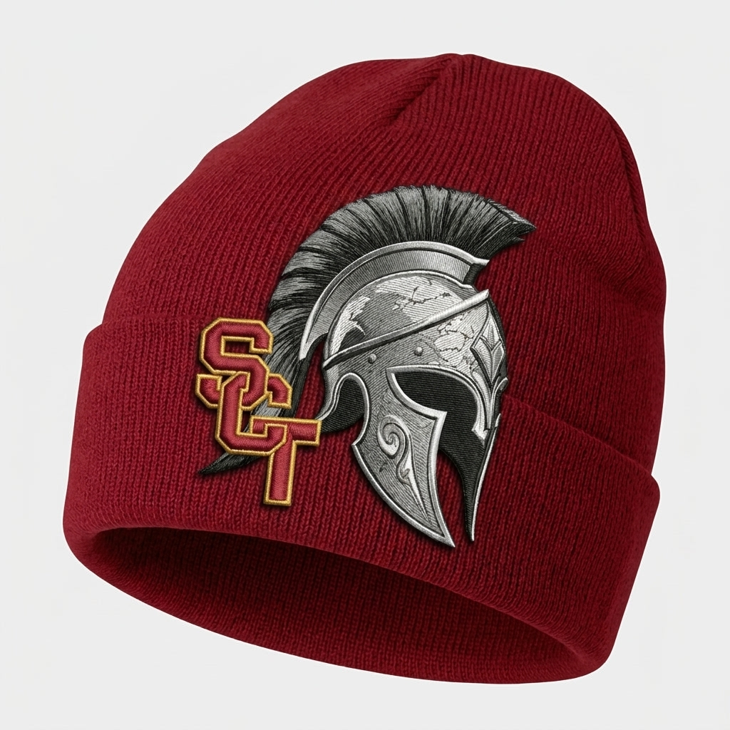 Siskiyou Trojans SCT crest on Crimson short-beanie (side view)