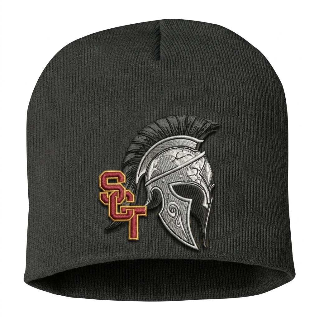 Siskiyou Trojans SCT crest on Dark Gray short-beanie (front view)