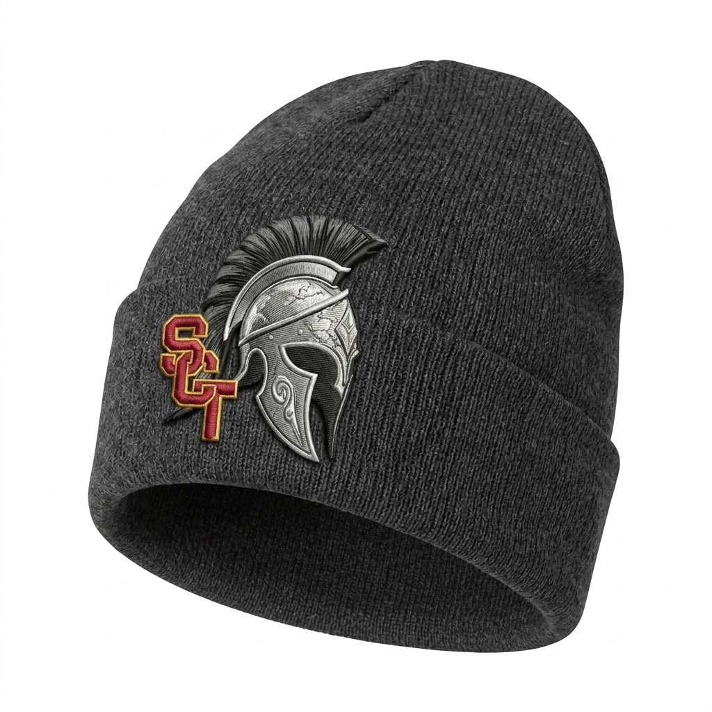 Siskiyou Trojans SCT crest on Dark Gray short-beanie (side view)