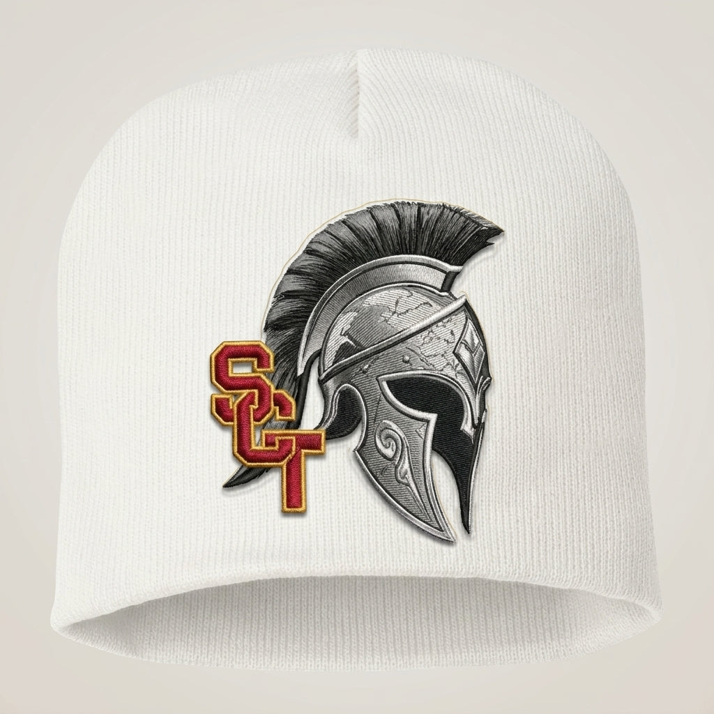 Siskiyou Trojans SCT crest on White short-beanie (front view)