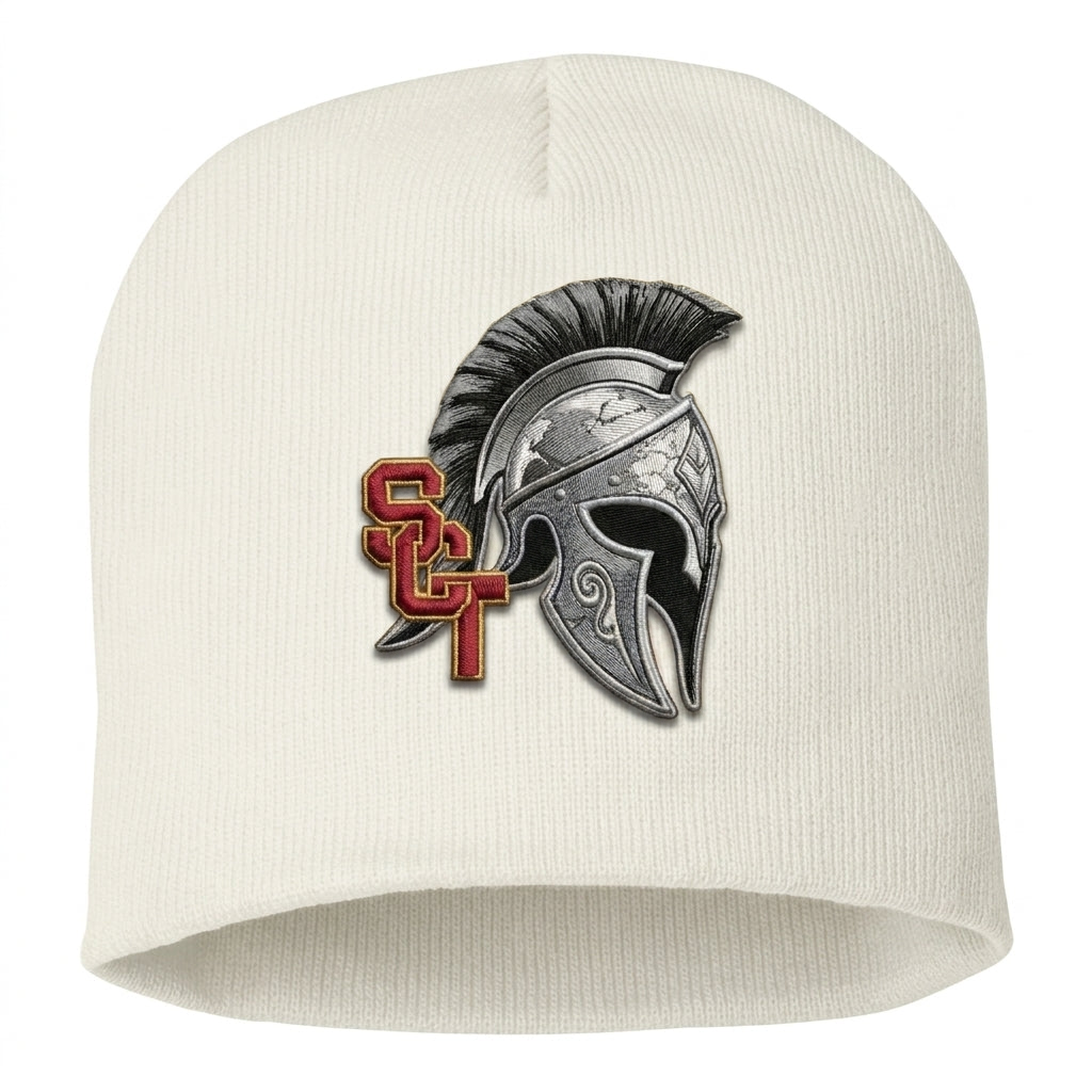Siskiyou Trojans SCT crest on White short-beanie (side view)